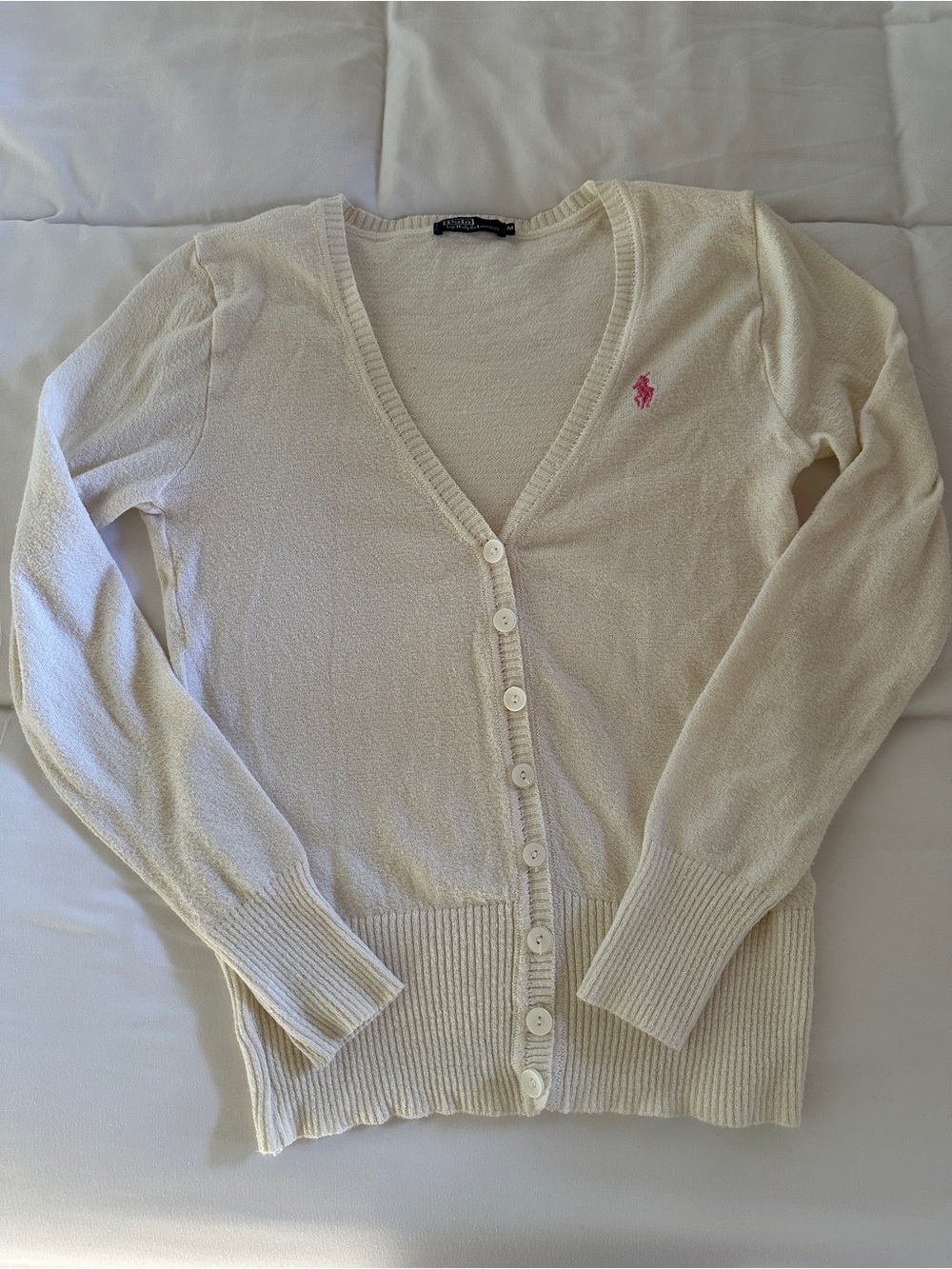 Ralph Lauren Cream V-Neck Button Cardigan with Pink Pony Embroidery